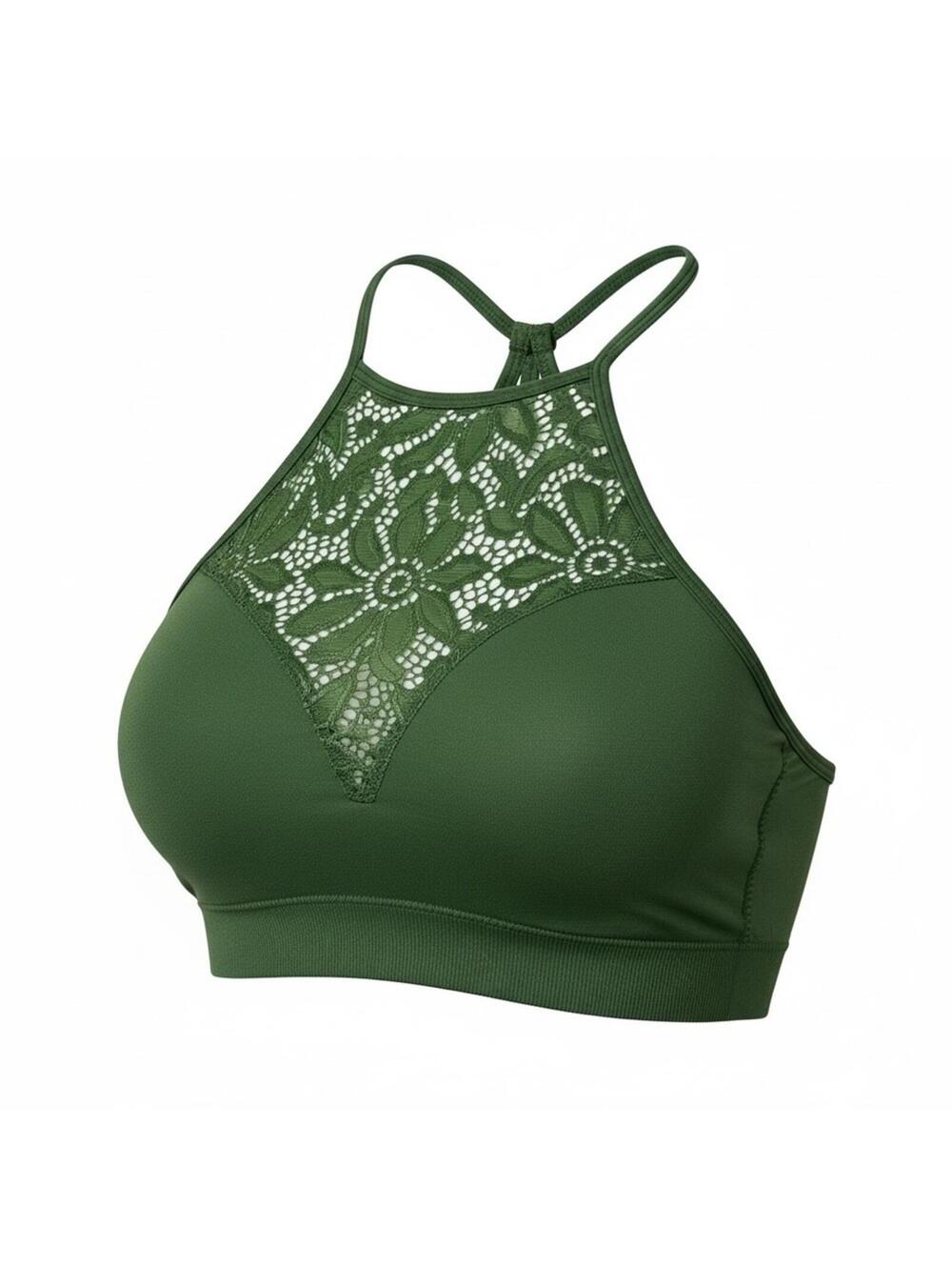 Zenana Outfitters Lace High Neck Bralette Crop Top Olive Green L XL